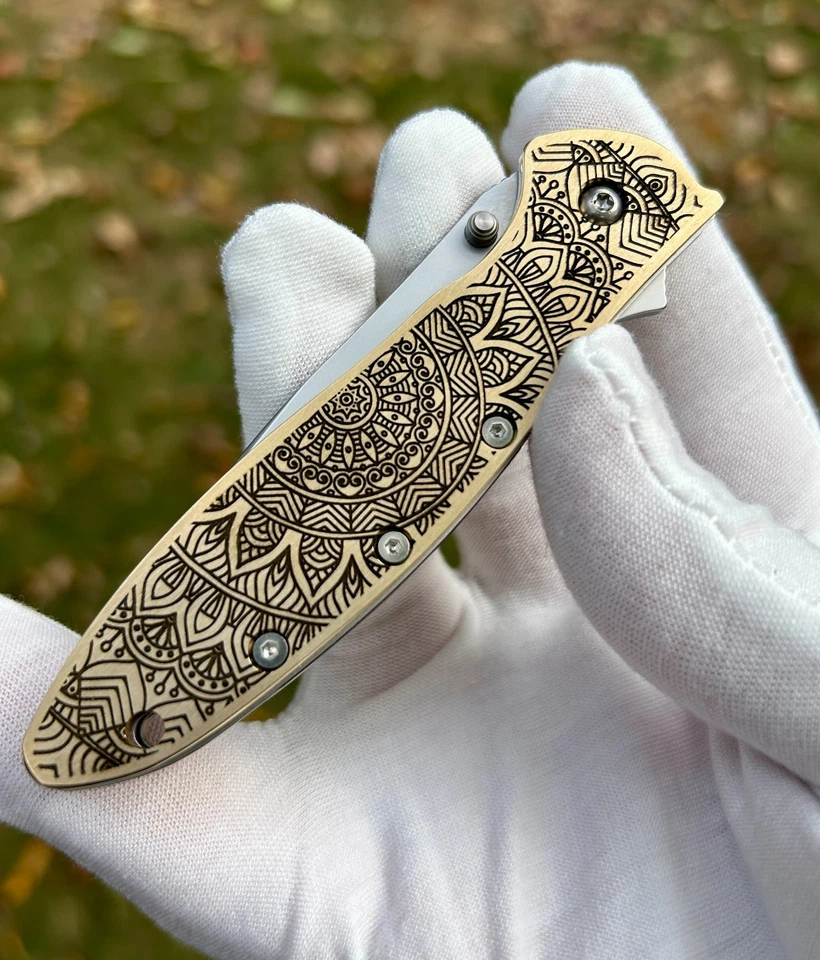 Cuchillo de puerro Kershaw personalizado | Escalas de piel de dragón de latón grabado | Hecho en EE. UU. Foto 4 de 4