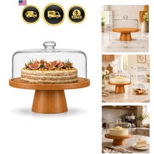 Cake Stand with Glass Lid, 11" Magnetic Bamboo Base for Parties  Kitchen