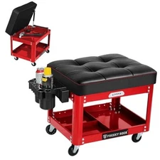 Rolling Mechanic Shop Stool with Wheels, Garage Mechanics Stool with 2 Red