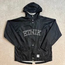 ETHIK Windbreaker Jacket  Lightweight Hooded Snap Front Black Mens Size XL