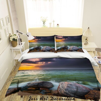 3D Rock Sea Sunset Landscape Quilt Cover Set Bedding Sets Pillowcases Queen 2
