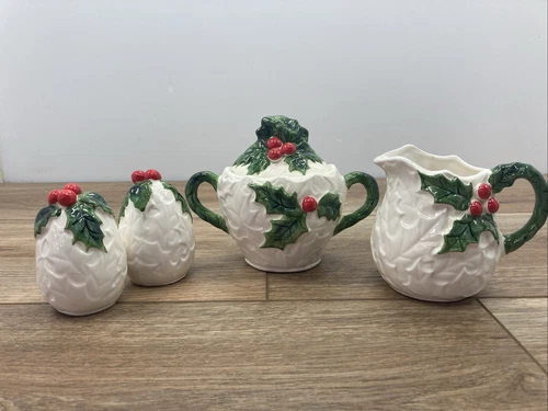 Lefton Sugar And Creamer Set White Holly and Berry Holiday Christmas Salt Pepper