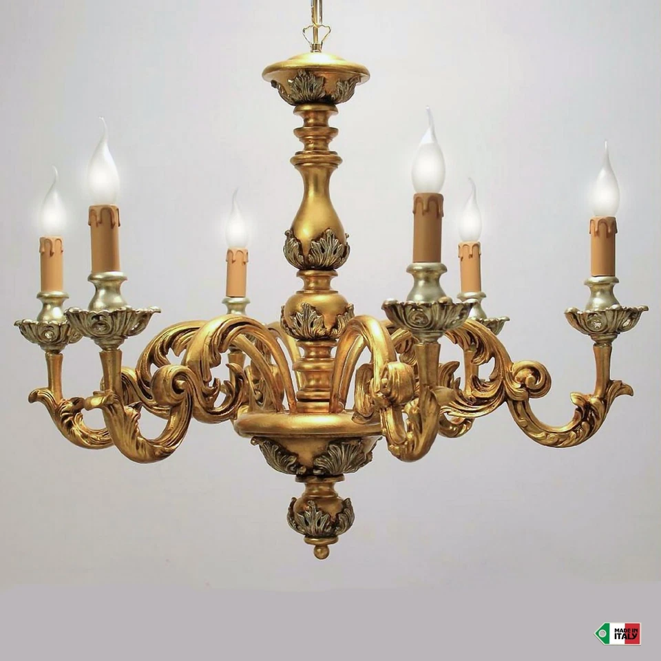 Lampadario legno artistico classico 6 luci FOGLIA ORO E ARGENTO MODELLO AGATA - Immagine 2 di 4