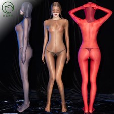 Women 8D Sheer Oil Shiny Pantyhose Long Sleeve Top Closed Hood Bodysuit