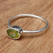 Dainty Peridot Horizontal Stone Stacking Ring 925 Sterling Silver Engagement