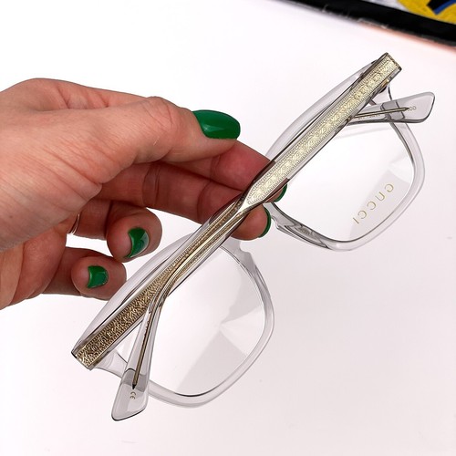 Gucci Men Eyeglasses Grey Clear Gold Demo Square GG0184O 005 NEW - Picture 8 of 11