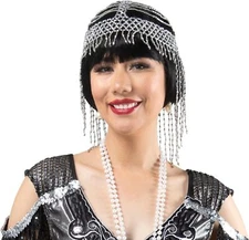 Silver Beaded Headpiece Flapper Fancy Dress Up Halloween Adult Costume Accessory