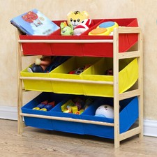 Kids Toy Storage Rack with 9 Fabric Bins Bookshelf Organizer Unit for Playroom