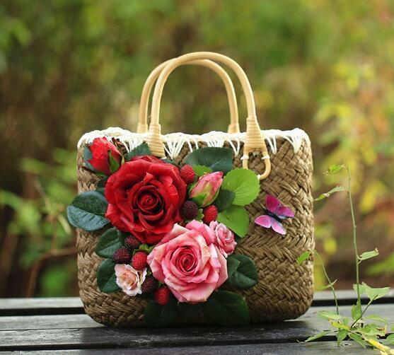 Womens Vinatge Flowers Decor Straw Weave Handbags Fashion Tote Beach Bags