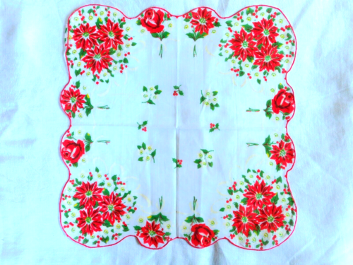 Vintage Christmas Handkerchief/Hanky White with Poinsettias - Picture 1 of 3
