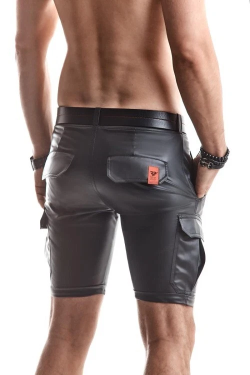 Mens Black Wetlook Cargo Shorts