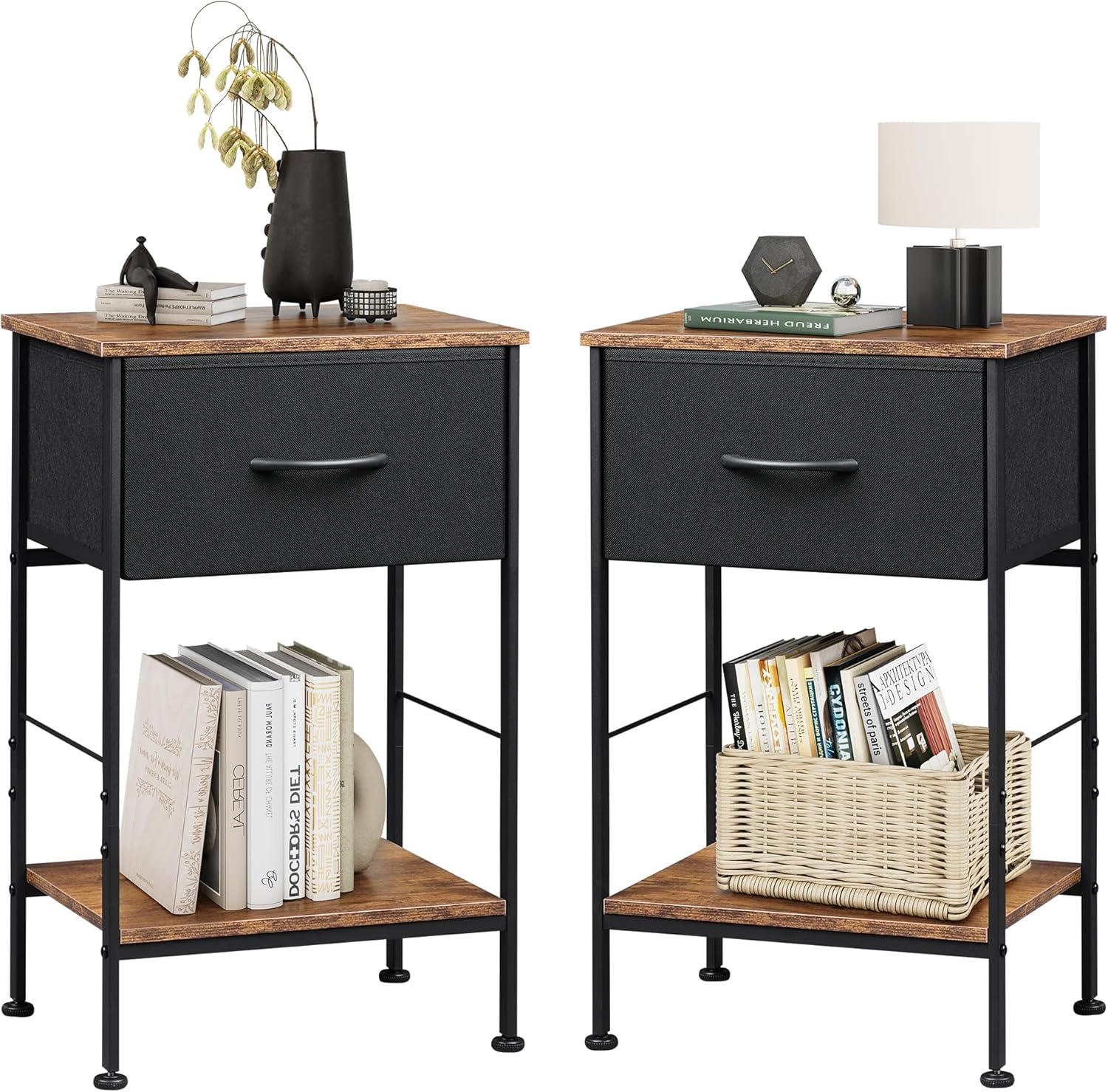 Set of 2 Nightstands with Fabric Drawer and Open Wood Shelf, Bedside Tables for Modern Bedrooms-image