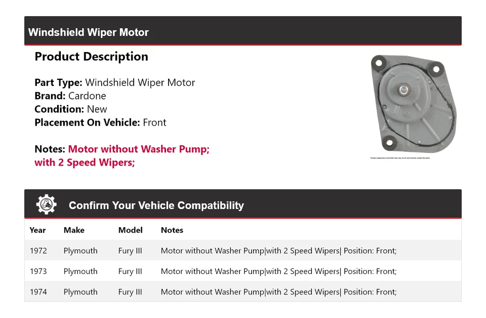 适用于 1972 - 1974 年 Plymouth Fury III 挡风玻璃 Wiper 电机前 Cardone 1973 — 第 2/4 张图片