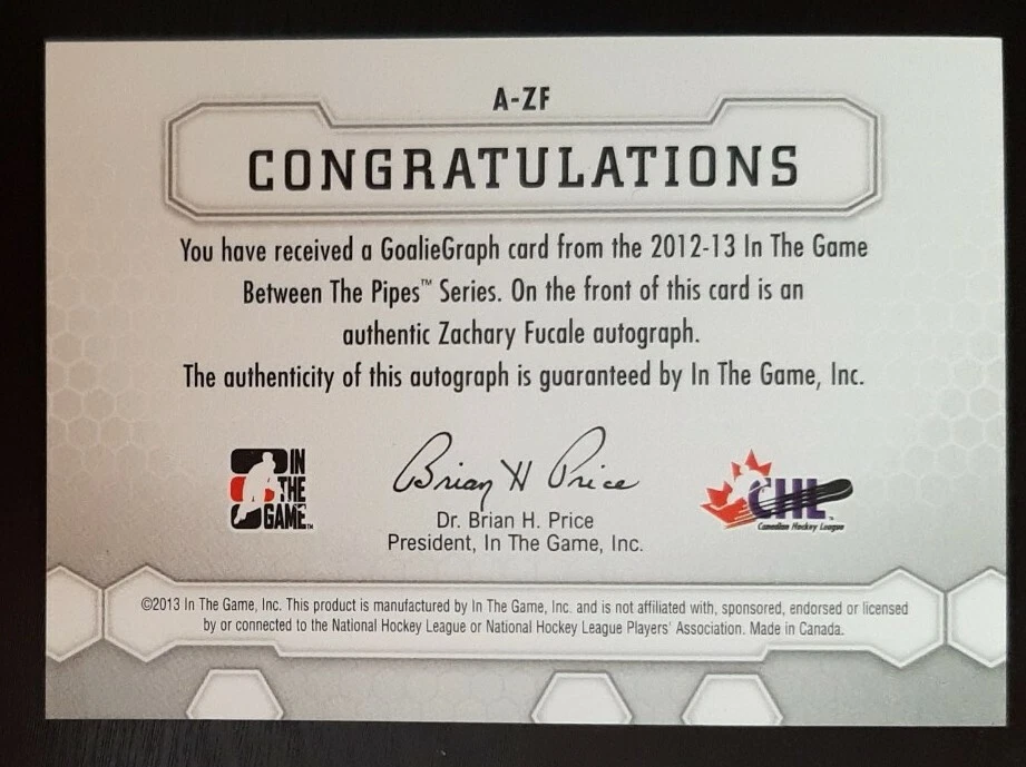 2012 - 2013 ITG Between The Pipes Zachary Fucale Authentic Goaliegraph Hockey - Image 2 of 2