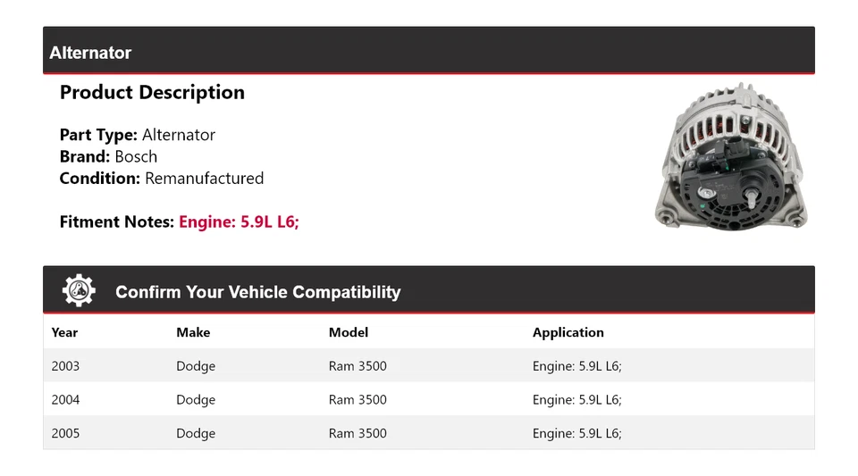 Alternador Bosch para Dodge Ram 3500 2003-2005 5,9 L L6 (remanufacturado) 2004 Foto 2 de 4