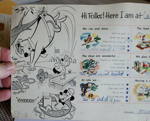 Vntg Postcard Girl Scout Camp California Yogi Bear Huckleberry Hound Kelloggs - Picture 2 of 7