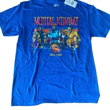 NWT Mortal Kombat T-Shirt Blue Retro Design SM Shirt  Scorpion Raiden Goro