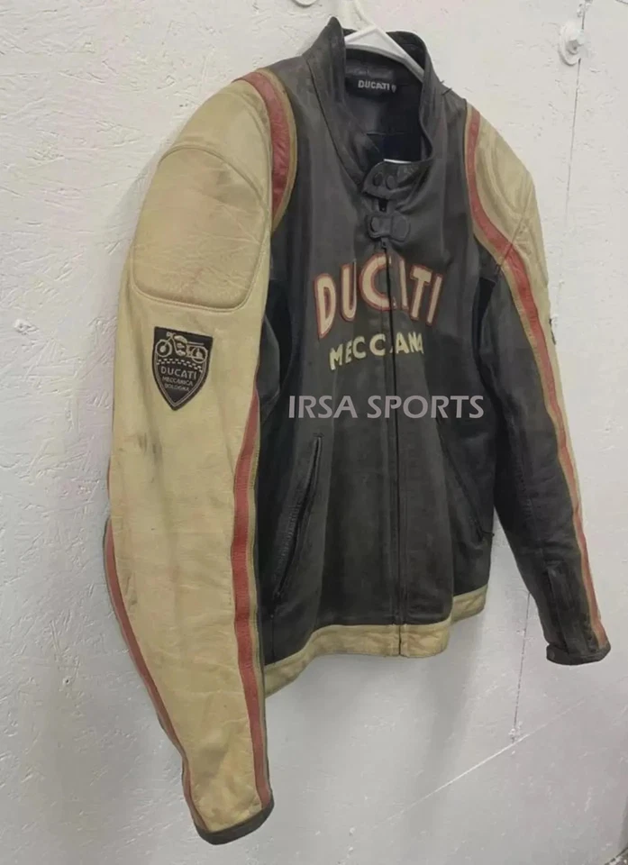 Ducati Meccanica Vintage Beige Leather Jacket – Classic Motorcycle Look, Timeles - Image 2 of 4