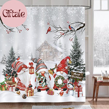 Merry Christmas Shower Curtain, Winter Gnomes Xmas Tree Snowy Forest Cabin Holid