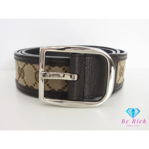 Used GUCCI men's belt 449716 GG men's belt leather brown beige silver metal