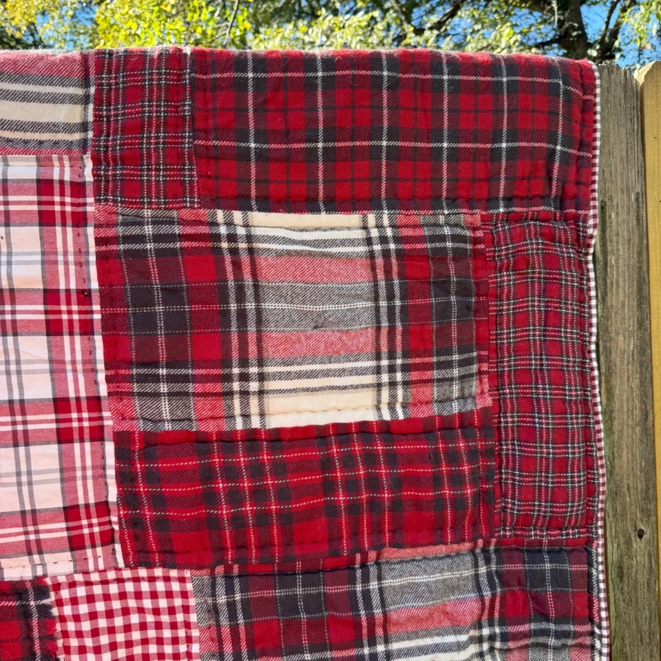 Pottery Barn Cozy Plaid Patchwork King Quilt 85 x 78 Flannel Blanket Red Cream - Image 3 of 4