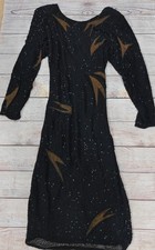 Vintage 80s Black Beaded Gold Bolt Embroidered Long Sleeve Cocktail Dress Evenin