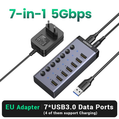 USB HUB 7 Ports USB3.0 Splitter 5Gbps with Individual Switch Power Adapter for P