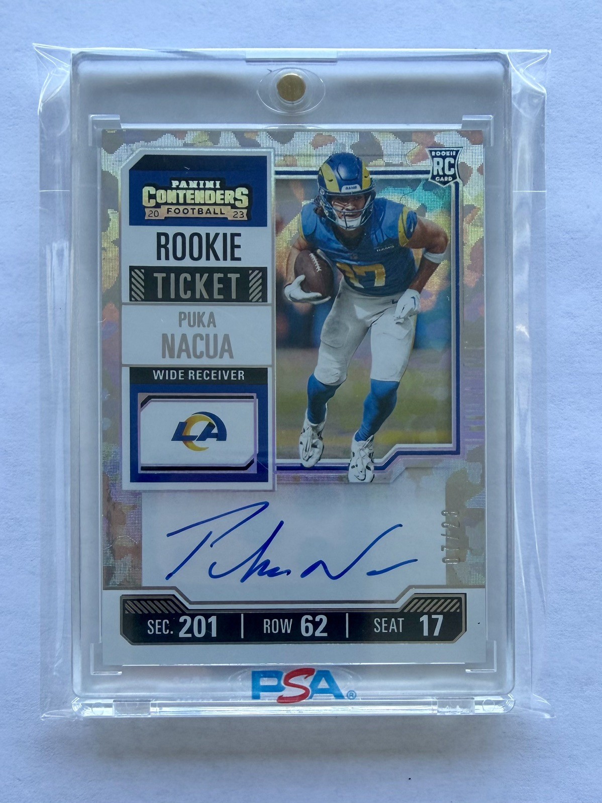 2023 PANINI CONTENDERS PUKA NACUA CRACKED ICE ROOKIE AUTO /23 RAMS 1/1 RC NO 125