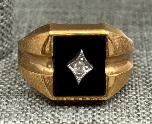Vintage 18K HGE Yellow Gold Plated Black Onyx Rhinestone Accent Men's Ring 10.75