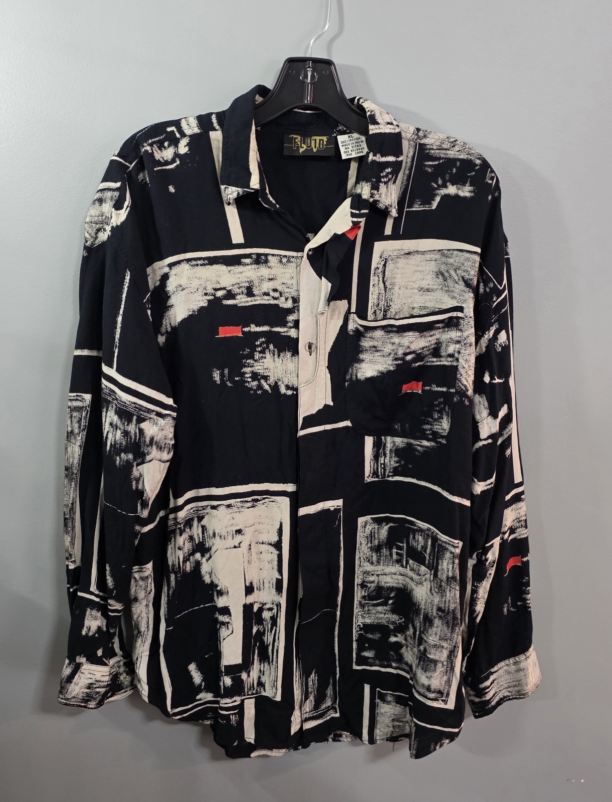 Fluid Men's XL Black White Red Geometric Rayon Long Sleeve Button-Up Shirt