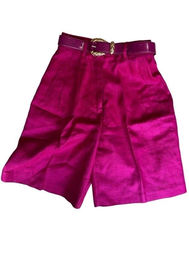 Point of View High Rise Preppy Pleated 100% Linen Bermuda Short Fuchsia Size 4
