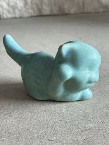 VAN BRIGGLE Pottery Ming Blue Turquoise Playful KITTEN Figurine