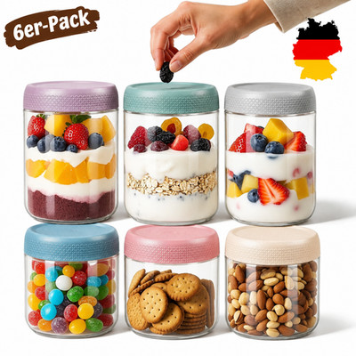 6x Overnight Oats Gläser Einmachgläser mit Deckel Meal Prep Boxen Glasbehälter