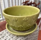 Shawnee Lime Green Flower Pot w Saucer  3 in Raised Daisy Design MCM Planter
