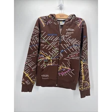 Vintage NYC Subway Line Hoodie Sweatshirt Large Brown Y2K New York Train Map Zip