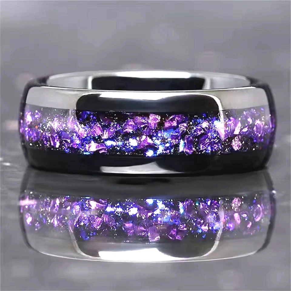 Anillo de boda sintético de tanzanita negro de acero inoxidable púrpura para hombre y mujer Foto 4 de 4