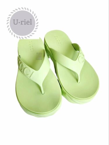 Gucci Sandal Tarifa Green Logo Debossed Platform Flip Flops UK 38 - Picture 4 of 10