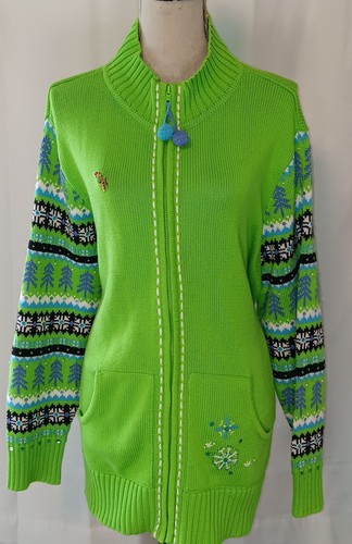QUACKER FACTORY Embroidered Christmas Full Zip Sweater Jacket Green XL NEW