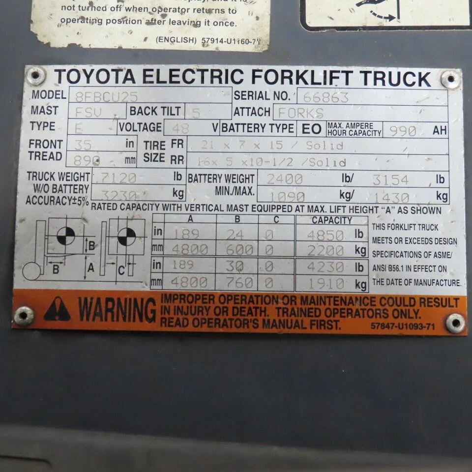 2014 Toyota 8FBCU25 5000 LB Electric 48V Forklift 3-Stage 189" Lift W/ Sideshift - Image 2 of 4