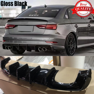 For Audi A3 Sline S3 Sedan 17-20 Gloss Black Rear Bumper Diffuser Lip Shark Fins