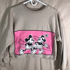 Disney Mickey Minnie Mouse Cropped Sweatshirt Womens Medium Love Beige Pink Top