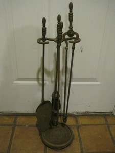 Vintage Solid Brass Castiron Fireplace 5 Piece Footed Tool Set
