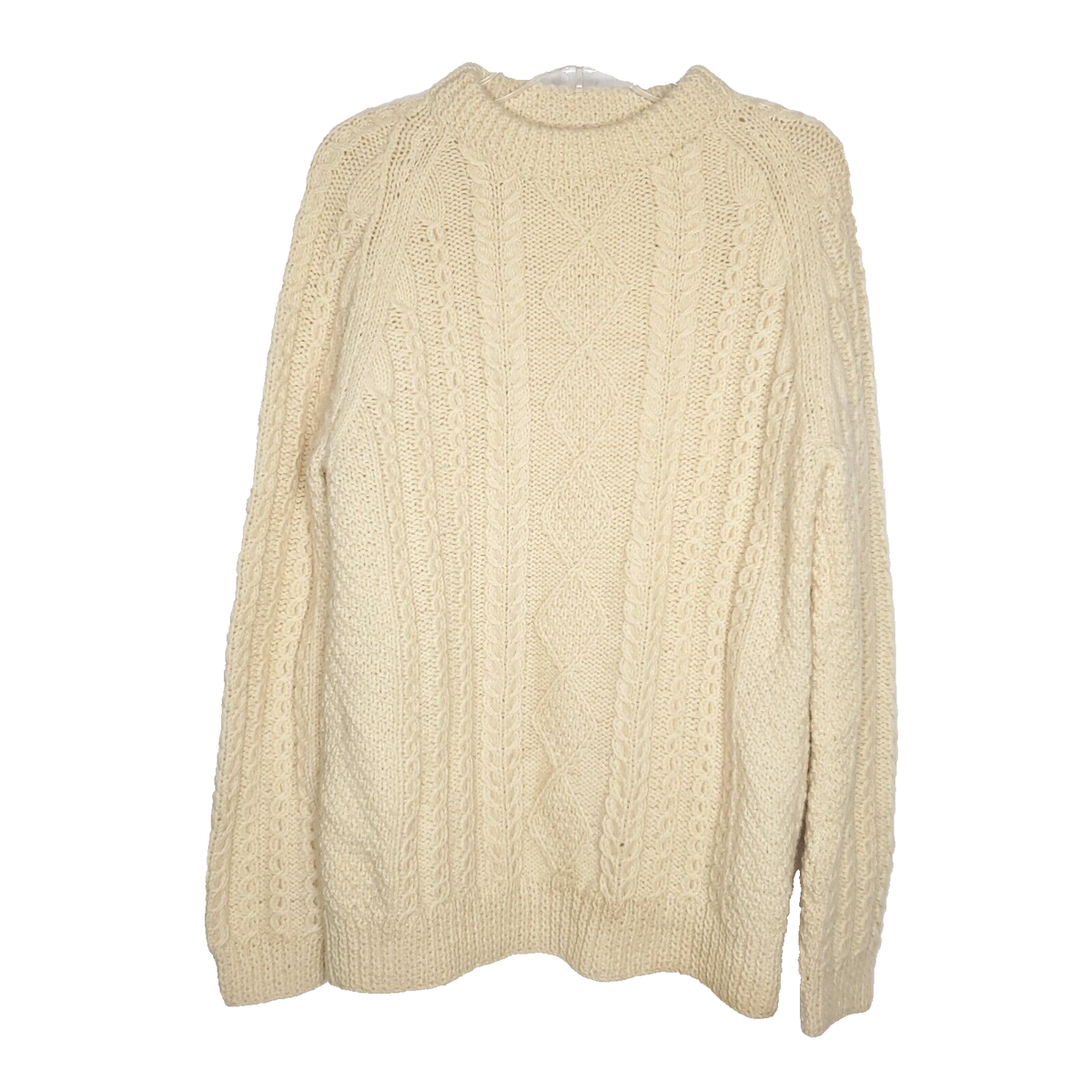 Womens Chunky Cable Knit Sweater L Fisherman Cream Ivory Mock Neck