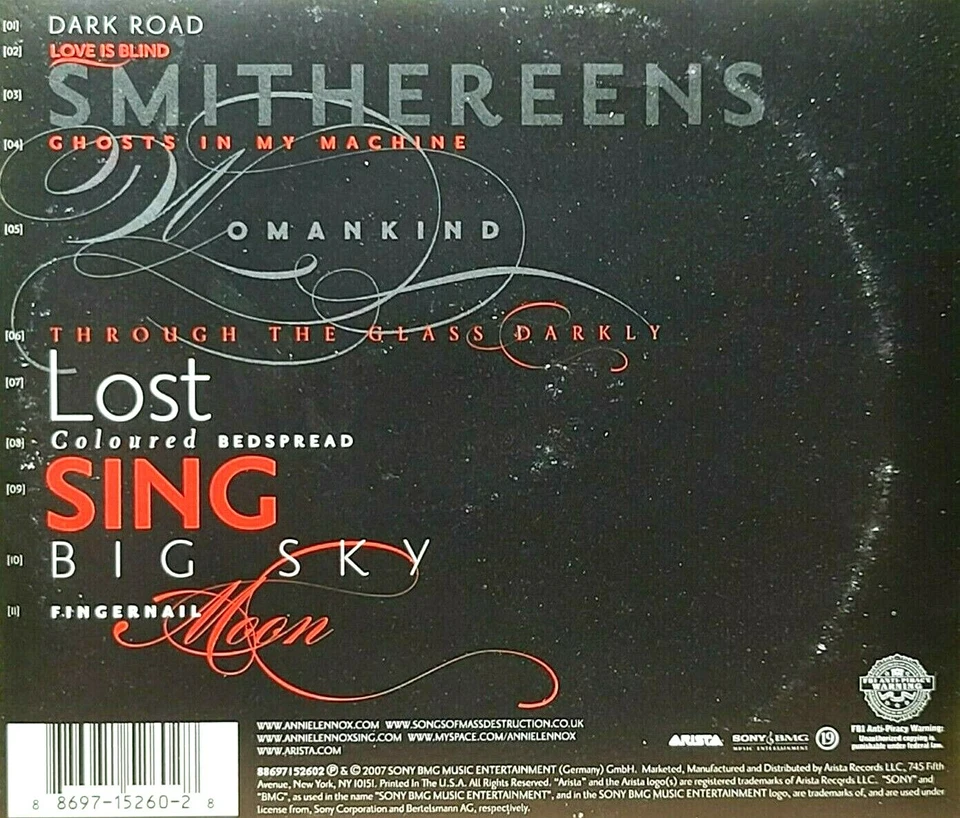 Энни Леннокс - песни массового уничтожения (2007 CD) отличном состоянии / Бесплатная доставка - Изображение 2 из 2