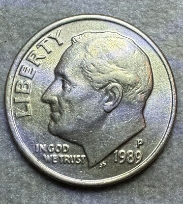 1989 P Roosevelt Dime-DIE CLASH ON HEAD OF TORCH-RPM-MUST SEE!  