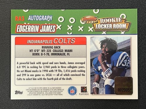 1999 Bowman's Best Edgerrin James Locker Room RC AUTO #RA3 MINT HOF - Picture 2 of 2