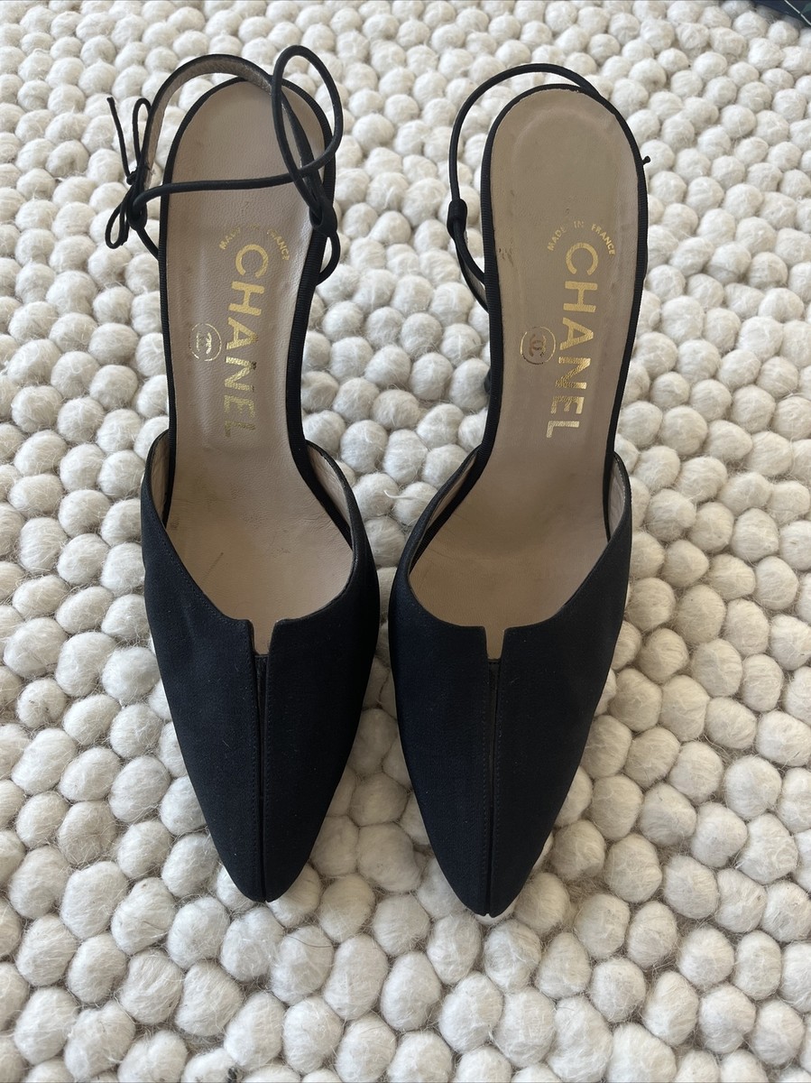 Chanel Black Fabric Leather Heels Slingbacks 37 | eBay