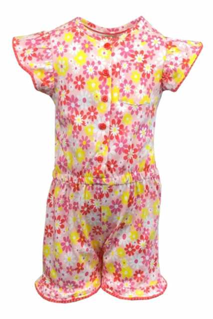 Girls Baby Toddler Bright Multi Floral Print Cotton Elasticated Waist Playsuit.