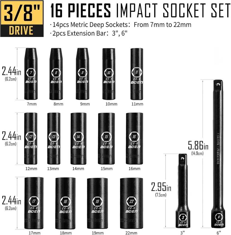 16 Piece Metric Socket Set 7 to 22mm,6 Point Design, Cr-V Steel, Storage Case - Image 3 of 4