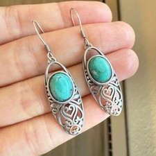 925 Sterling Silver Earrings 10x6mm Natural Blue Turquoise Handmade Heart Flower